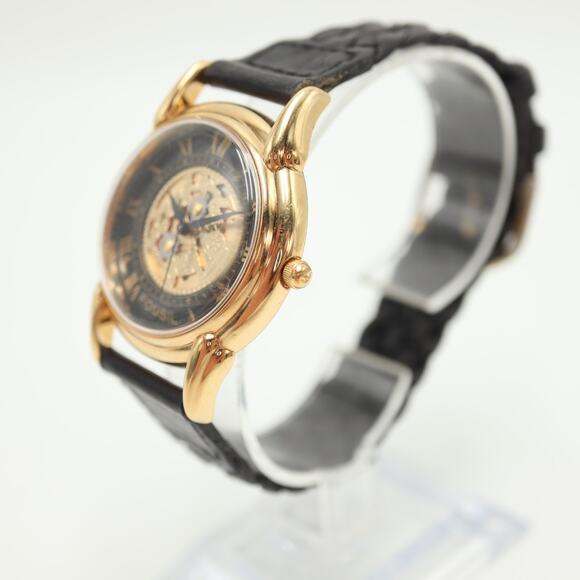 Vintage Fossil Skeleton Quartz Unisex 35mm Watch Black Leather w New Battery - Picture 10 of 14
